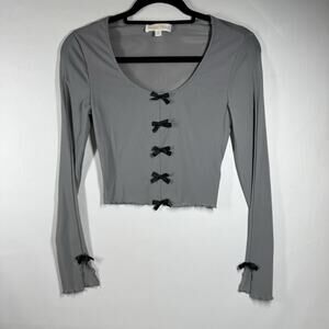 Sugar Moon Gray Black Bow Mesh Tee Lettuce Hem XS Coquette Y2K Whimsigoth